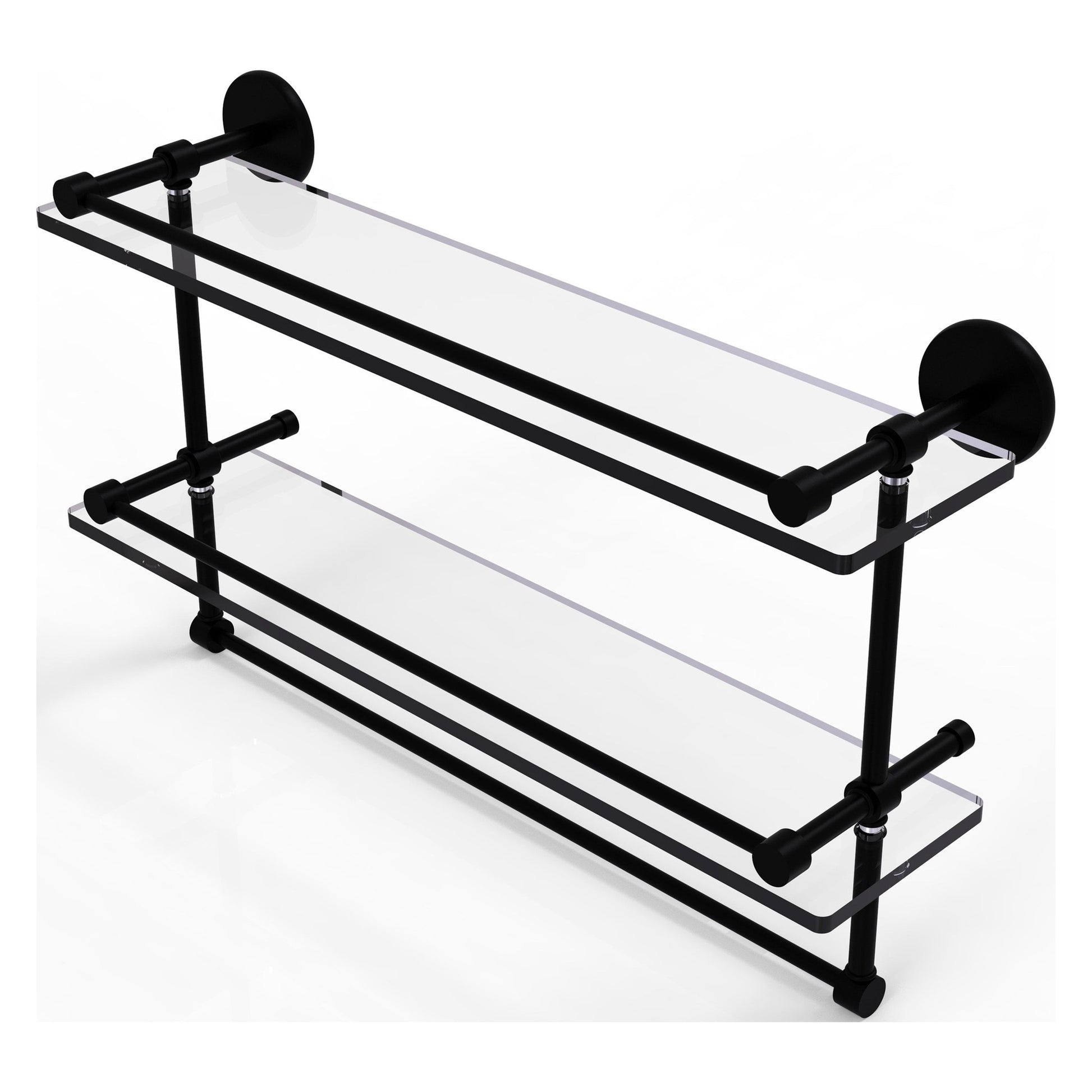 Allied Brass Prestige Skyline 22" x 5" Matte Black Solid Brass Double Glass Shelf With Towel Bar