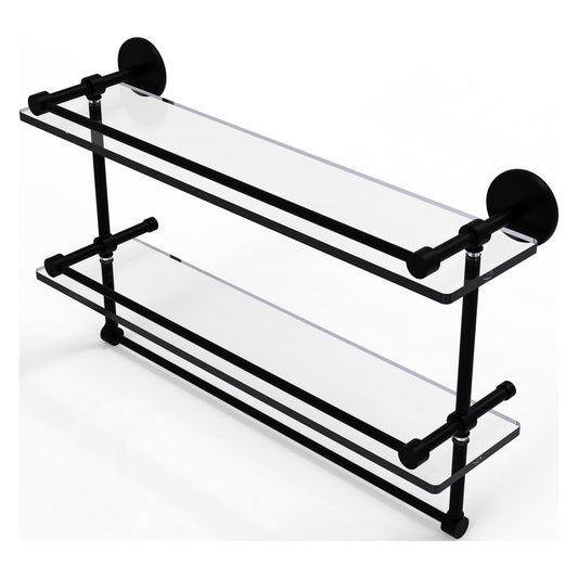 Allied Brass Prestige Skyline 22" x 5" Matte Black Solid Brass Double Glass Shelf With Towel Bar