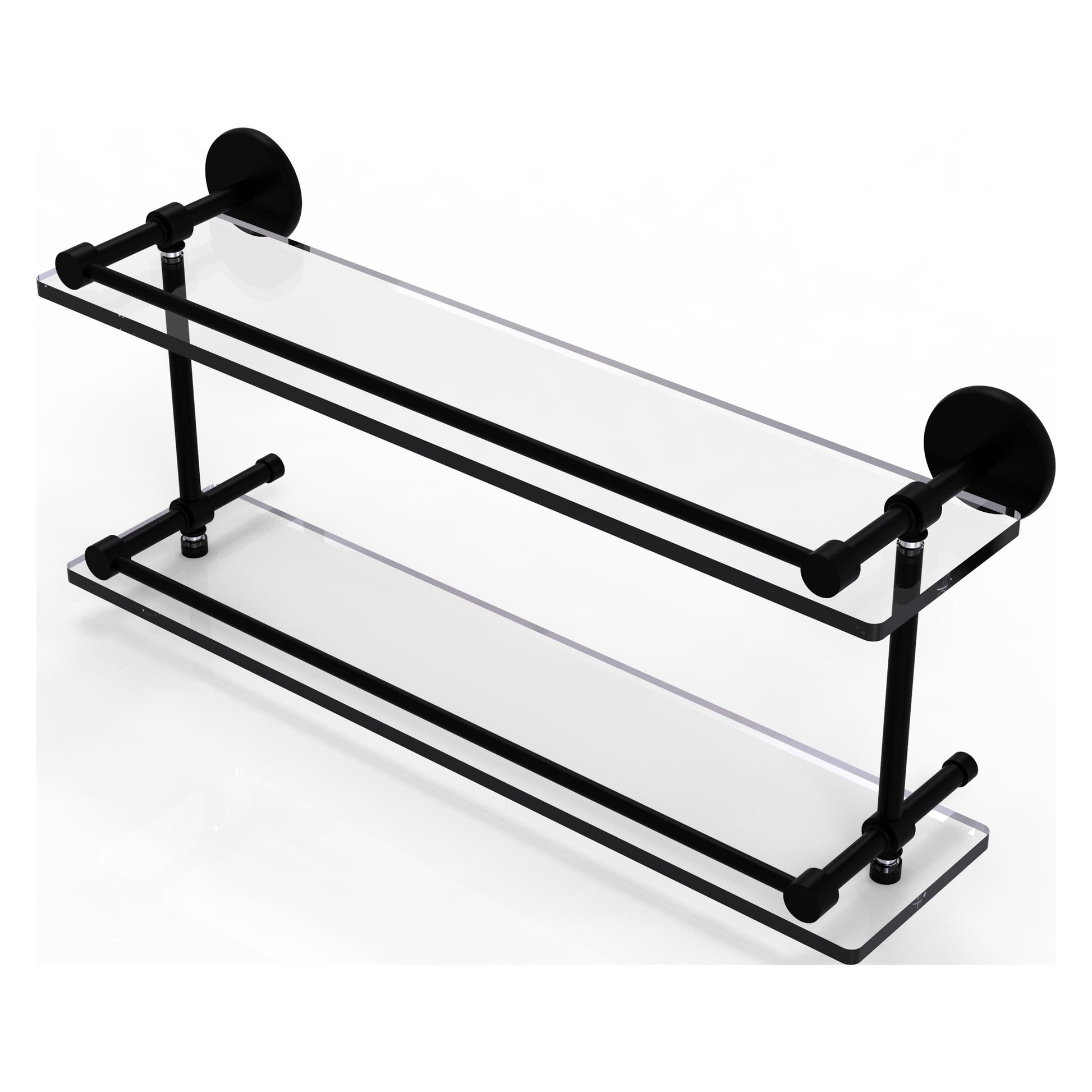 Allied Brass Prestige Skyline 22" x 5" Matte Black Solid Brass Tempered Double Glass Shelf With Gallery Rail