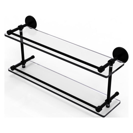 Allied Brass Prestige Skyline 22" x 5" Matte Black Solid Brass Tempered Double Glass Shelf With Gallery Rail