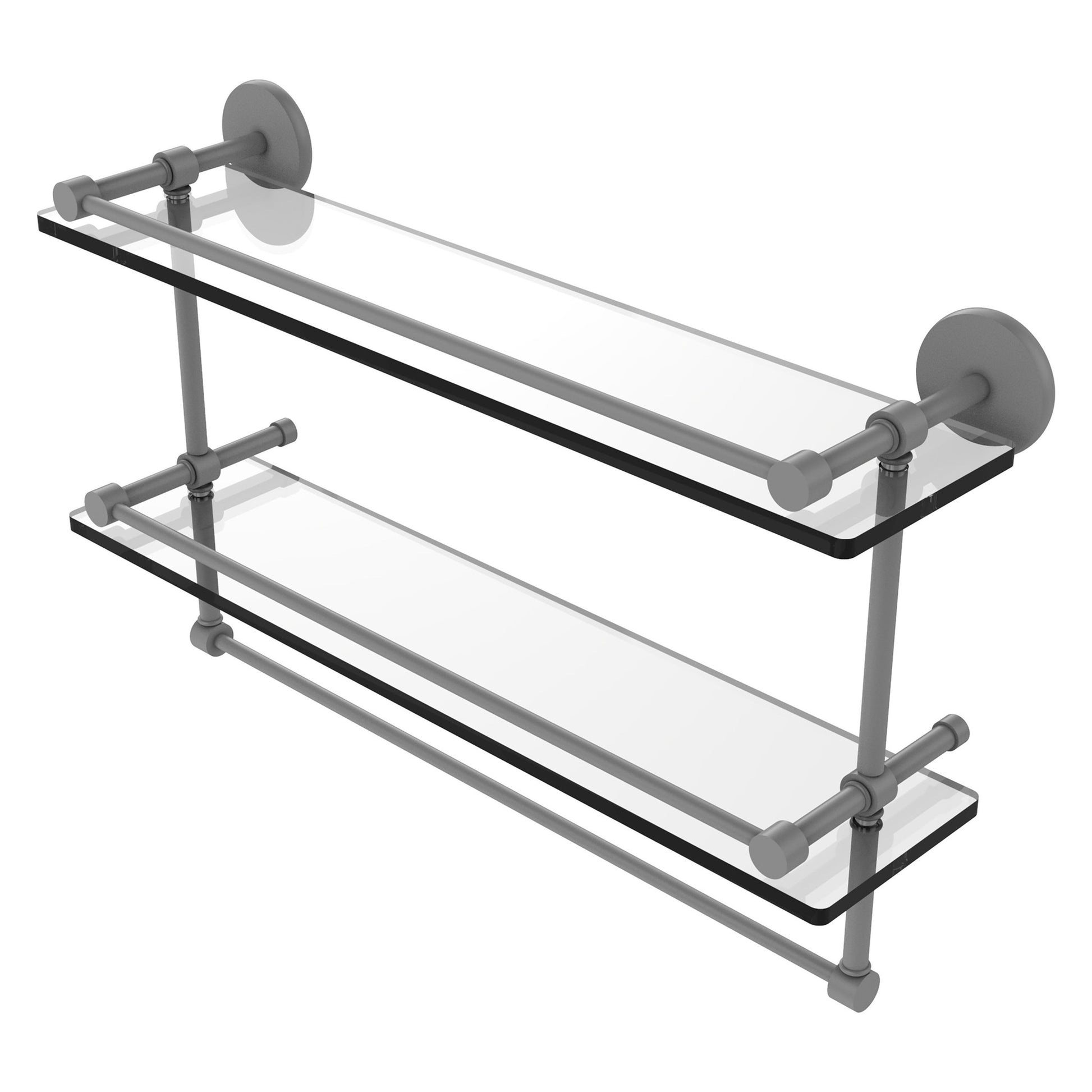 Allied Brass Prestige Skyline 22" x 5" Matte Gray Solid Brass Double Glass Shelf With Towel Bar