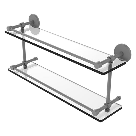 Allied Brass Prestige Skyline 22" x 5" Matte Gray Solid Brass Tempered Double Glass Shelf With Gallery Rail