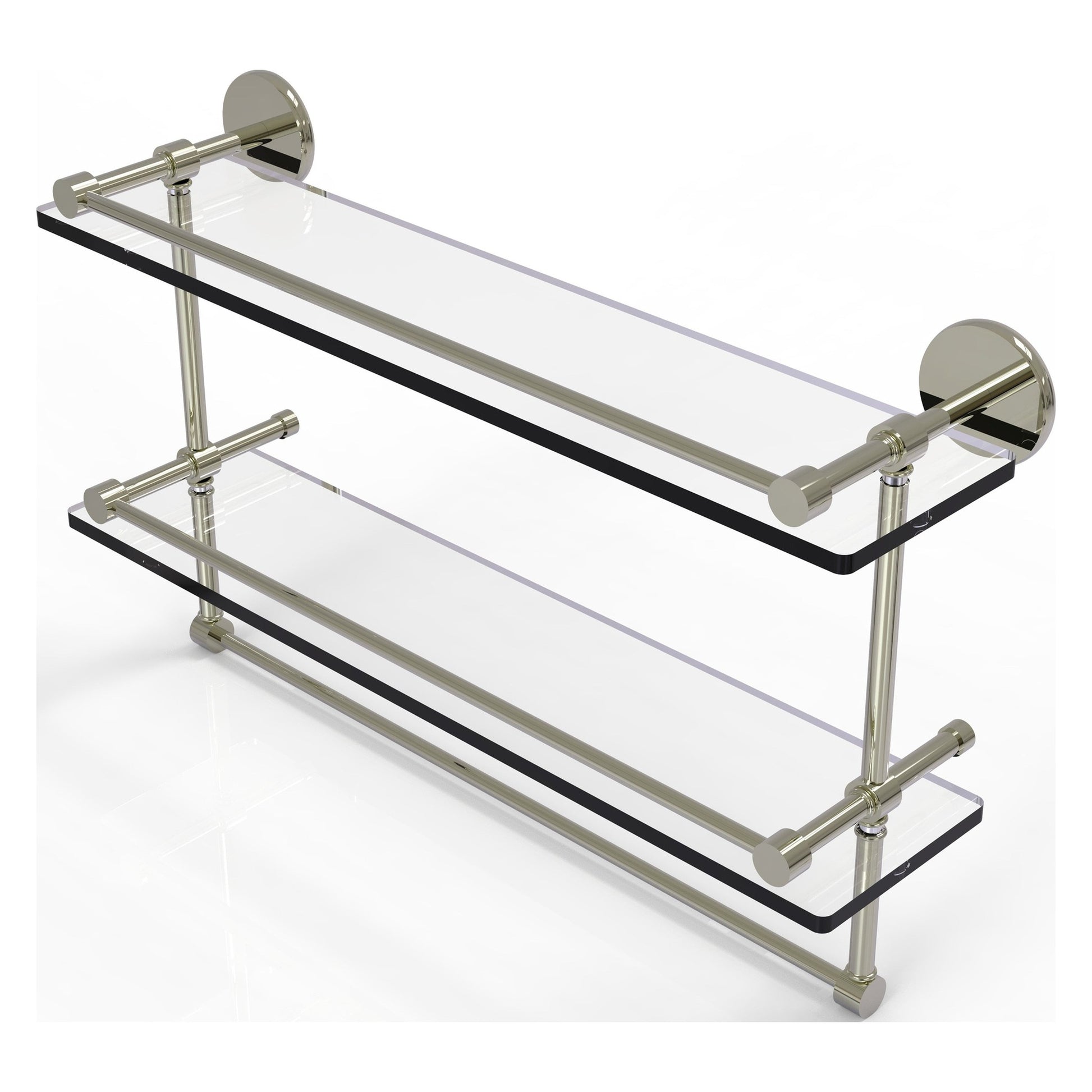 Allied Brass Prestige Skyline 22" x 5" Polished Nickel Solid Brass Double Glass Shelf With Towel Bar