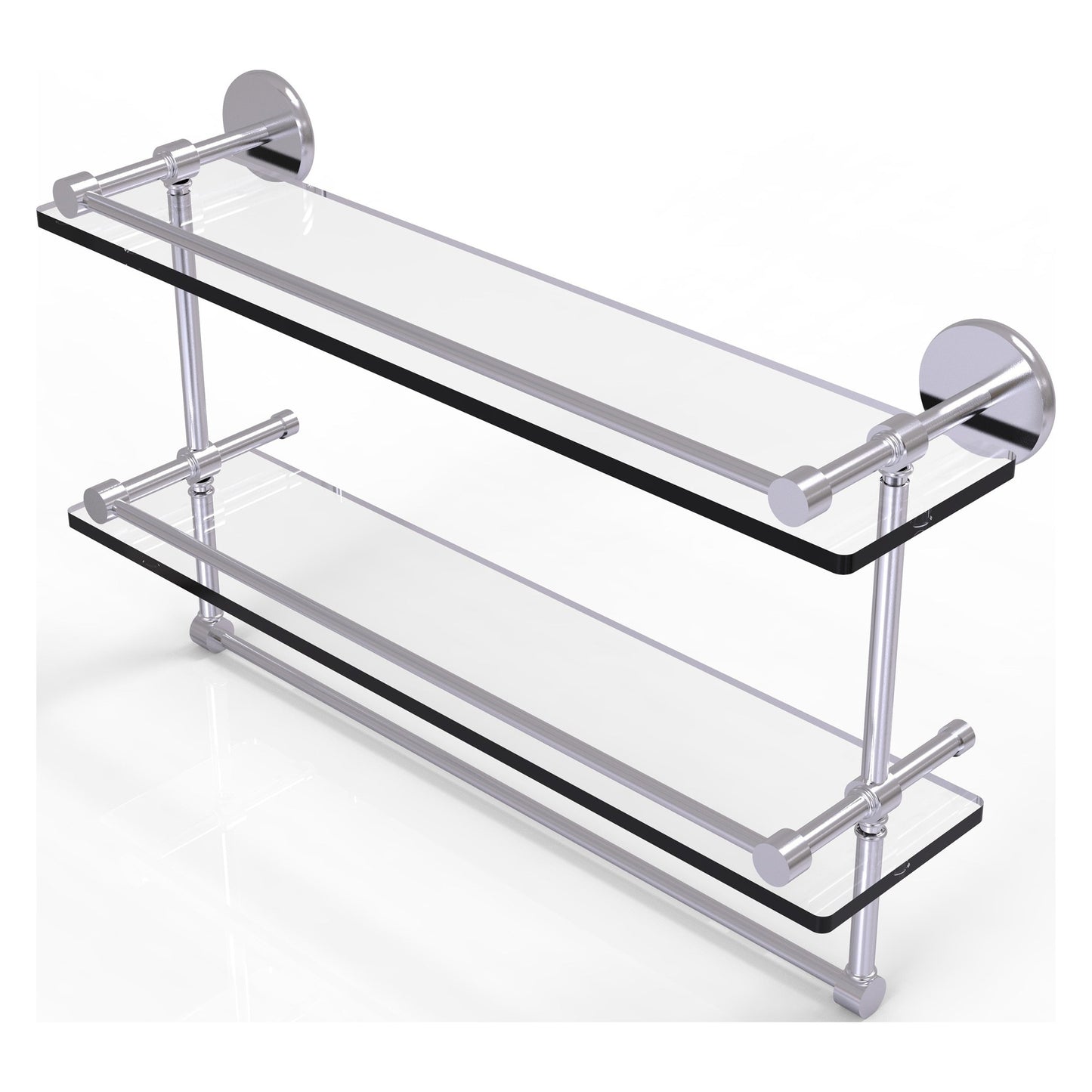 Allied Brass Prestige Skyline 22" x 5" Satin Chrome Solid Brass Double Glass Shelf With Towel Bar