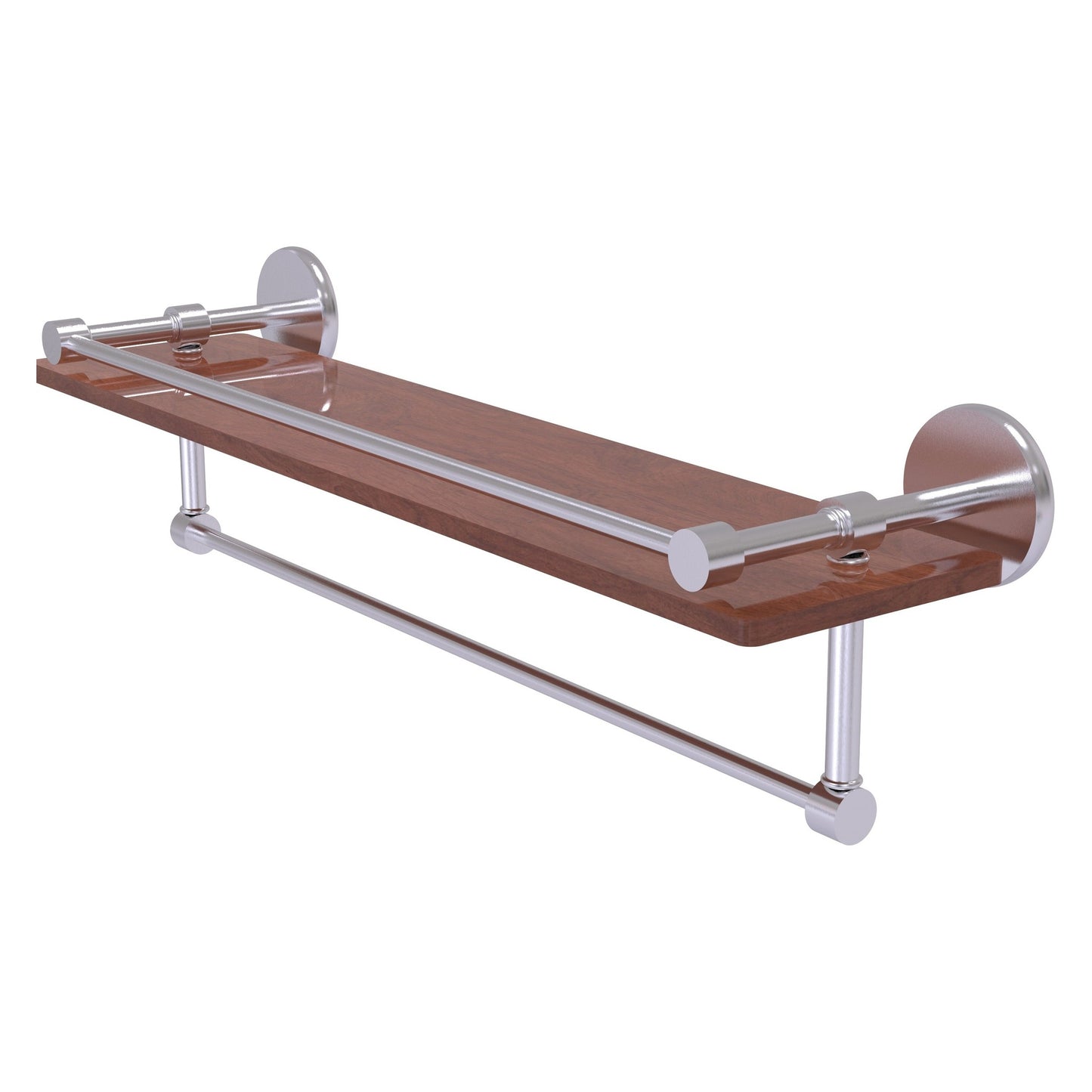 Allied Brass Prestige Skyline 22" x 5" Satin Chrome Solid Brass IPE Ironwood Shelf With Gallery Rail and Towel Bar
