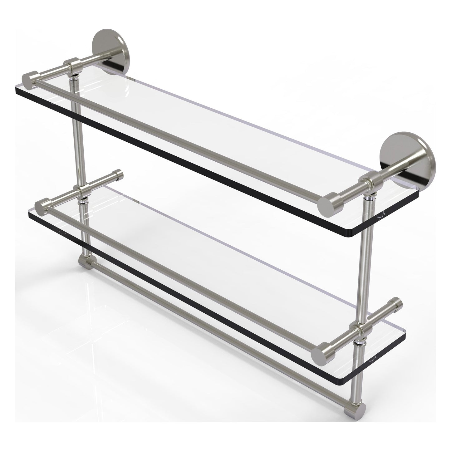 Allied Brass Prestige Skyline 22" x 5" Satin Nickel Solid Brass Double Glass Shelf With Towel Bar