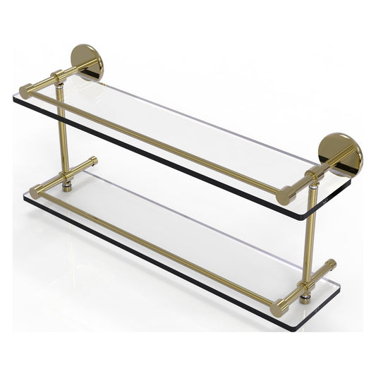 Allied Brass Prestige Skyline 22" x 5" Unlacquered Brass Solid Brass Tempered Double Glass Shelf With Gallery Rail