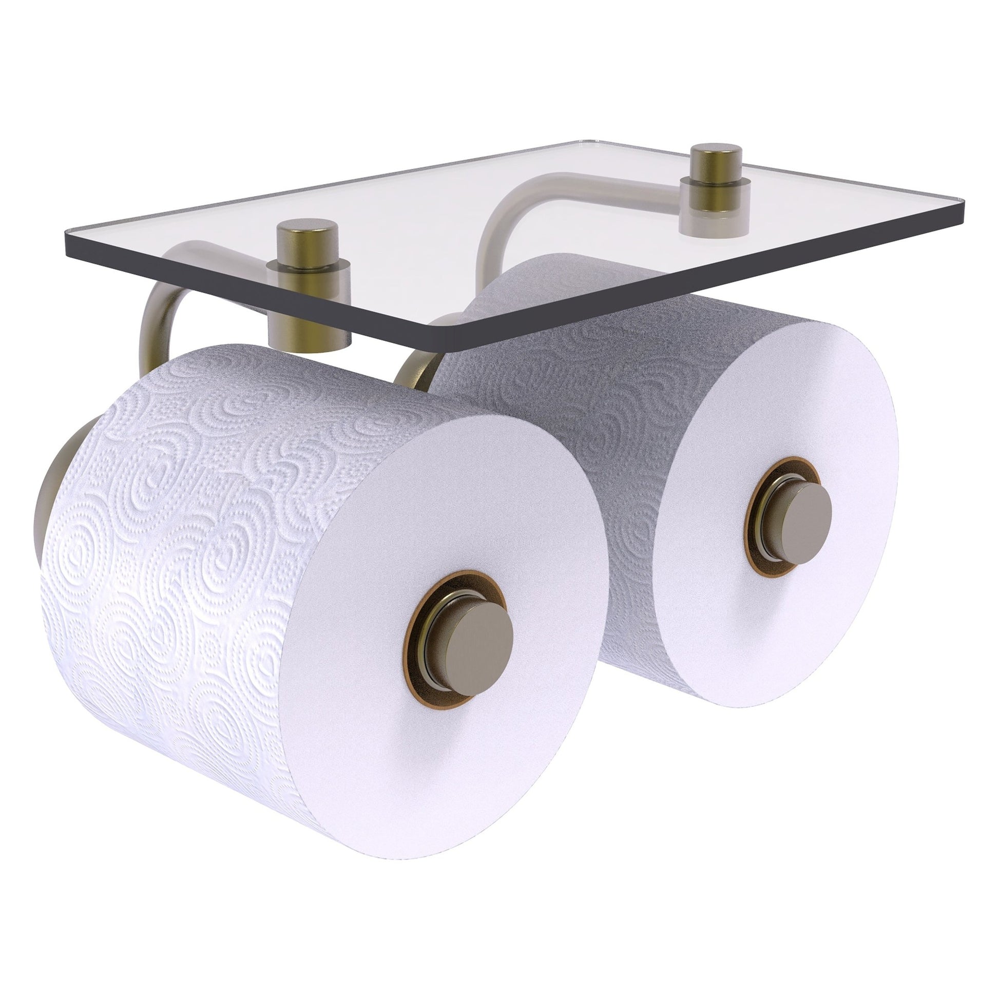 Allied Brass Prestige Skyline 8.5" x 7.15" Antique Brass Solid Brass 2-Roll Toilet Paper Holder With Glass Shelf