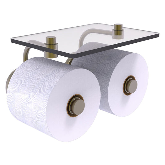 Allied Brass Prestige Skyline 8.5" x 7.15" Antique Brass Solid Brass 2-Roll Toilet Paper Holder With Glass Shelf