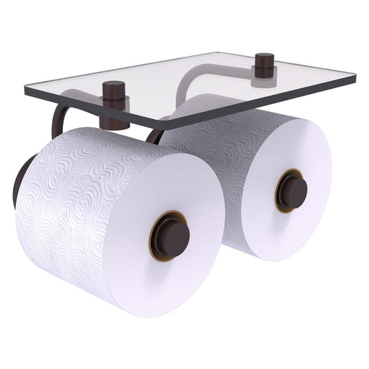 Allied Brass Prestige Skyline 8.5" x 7.15" Antique Bronze Solid Brass 2-Roll Toilet Paper Holder With Glass Shelf