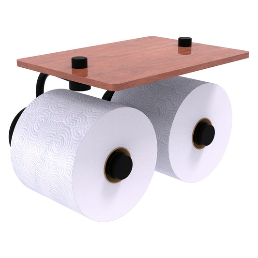 Allied Brass Prestige Skyline 8.5" x 7.15" Matte Black Solid Brass 2-Roll Toilet Paper Holder With Wood Shelf