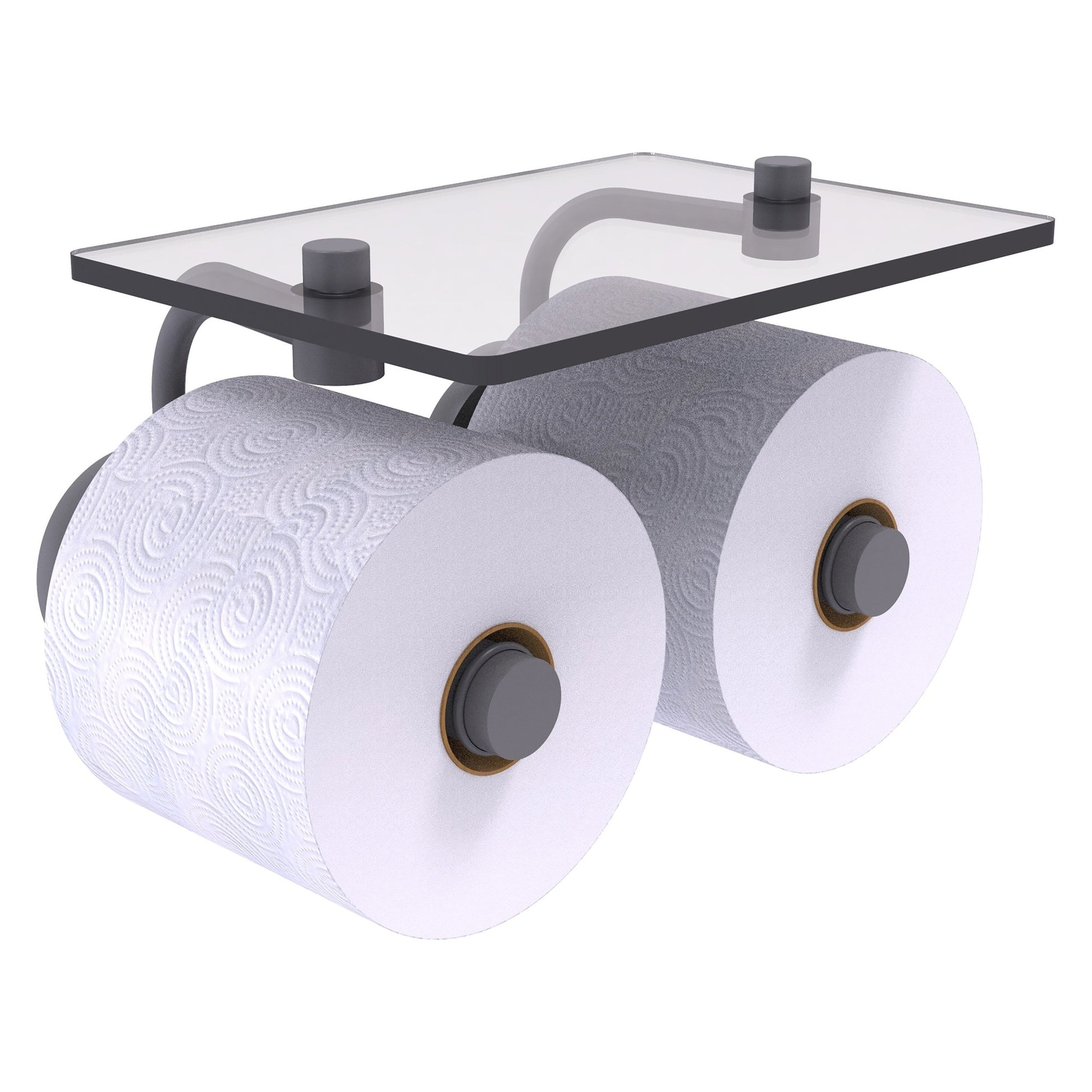 Allied Brass Prestige Skyline 8.5" x 7.15" Matte Gray Solid Brass 2-Roll Toilet Paper Holder With Glass Shelf