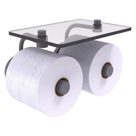 Allied Brass Prestige Skyline 8.5" x 7.15" Matte Gray Solid Brass 2-Roll Toilet Paper Holder With Glass Shelf