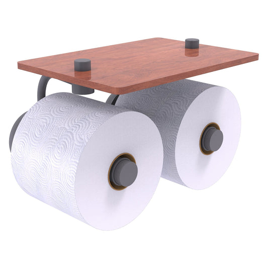 Allied Brass Prestige Skyline 8.5" x 7.15" Matte Gray Solid Brass 2-Roll Toilet Paper Holder With Wood Shelf