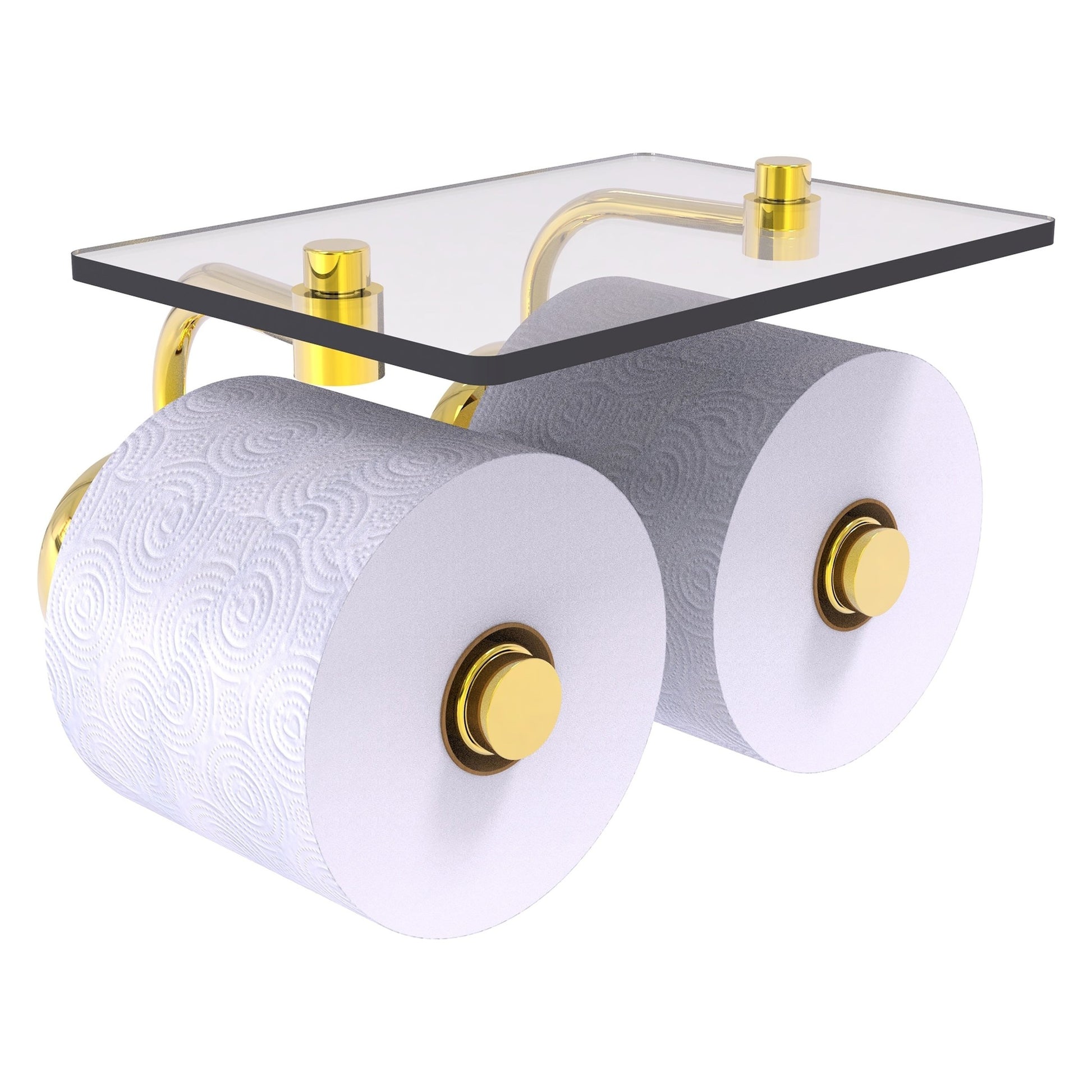 Allied Brass Prestige Skyline 8.5" x 7.15" Polished Brass Solid Brass 2-Roll Toilet Paper Holder With Glass Shelf