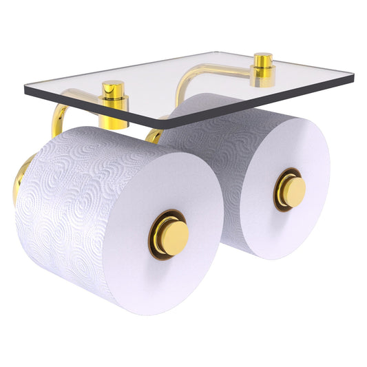 Allied Brass Prestige Skyline 8.5" x 7.15" Polished Brass Solid Brass 2-Roll Toilet Paper Holder With Glass Shelf