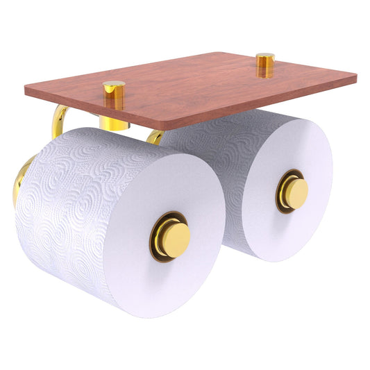 Allied Brass Prestige Skyline 8.5" x 7.15" Polished Brass Solid Brass 2-Roll Toilet Paper Holder With Wood Shelf