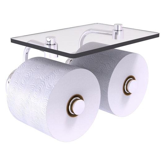 Allied Brass Prestige Skyline 8.5" x 7.15" Polished Chrome Solid Brass 2-Roll Toilet Paper Holder With Glass Shelf