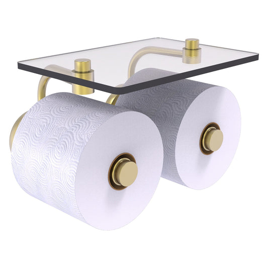 Allied Brass Prestige Skyline 8.5" x 7.15" Satin Brass Solid Brass 2-Roll Toilet Paper Holder With Glass Shelf