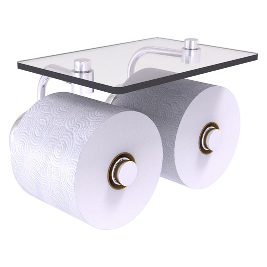 Allied Brass Prestige Skyline 8.5" x 7.15" Satin Chrome Solid Brass 2-Roll Toilet Paper Holder With Glass Shelf
