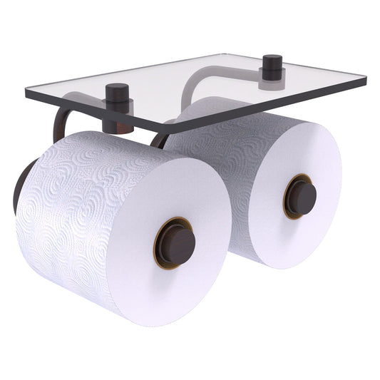 Allied Brass Prestige Skyline 8.5" x 7.15" Venetian Bronze Solid Brass 2-Roll Toilet Paper Holder With Glass Shelf