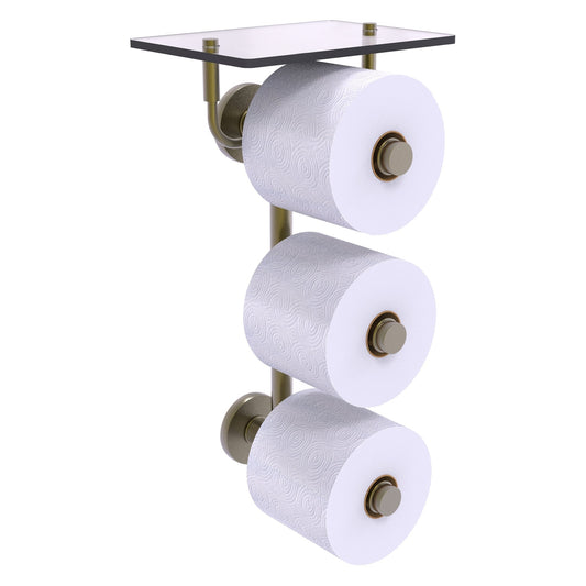 Allied Brass Prestige Skyline 8.8" x 7.8" Antique Brass Solid Brass 3-Roll Toilet Paper Holder With Glass Shelf