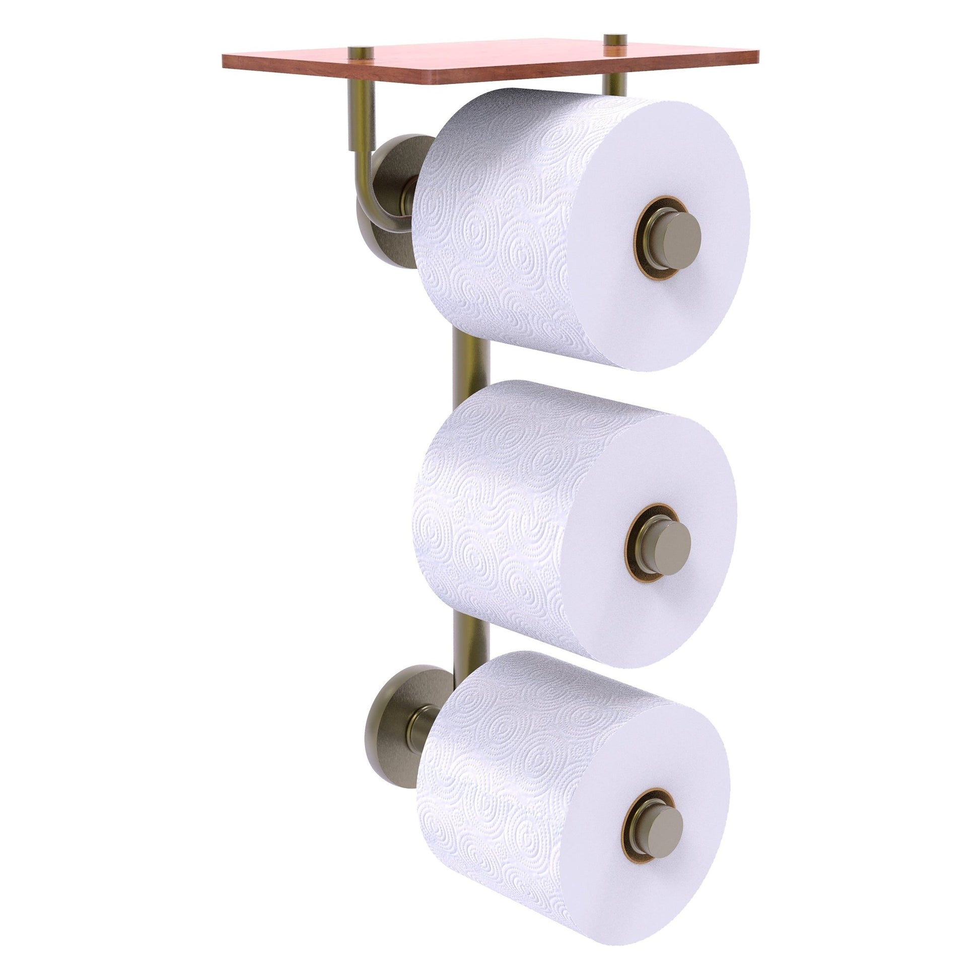 Allied Brass Prestige Skyline 8.8" x 7.8" Antique Brass Solid Brass 3-Roll Toilet Paper Holder With Wood Shelf