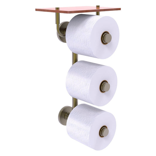 Allied Brass Prestige Skyline 8.8" x 7.8" Antique Brass Solid Brass 3-Roll Toilet Paper Holder With Wood Shelf