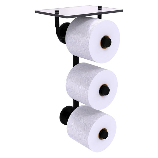Allied Brass Prestige Skyline 8.8" x 7.8" Matte Black Solid Brass 3-Roll Toilet Paper Holder With Glass Shelf
