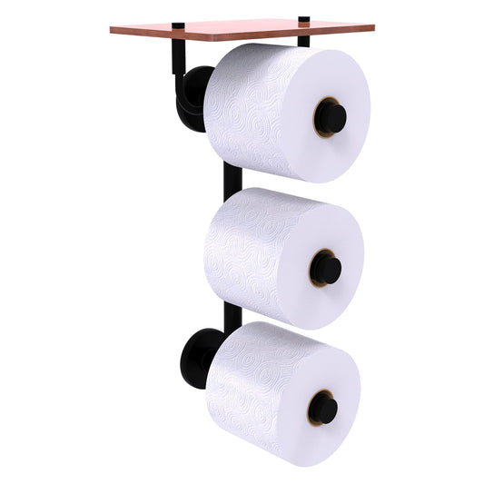 Allied Brass Prestige Skyline 8.8" x 7.8" Matte Black Solid Brass 3-Roll Toilet Paper Holder With Wood Shelf