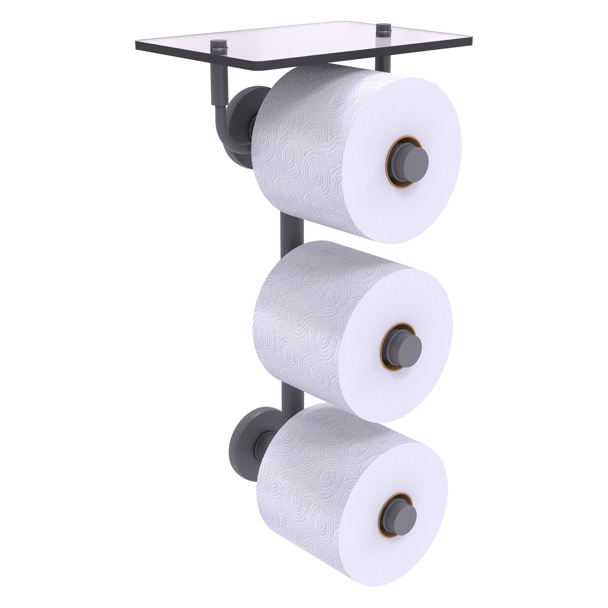 Allied Brass Prestige Skyline 8.8" x 7.8" Matte Gray Solid Brass 3-Roll Toilet Paper Holder With Glass Shelf