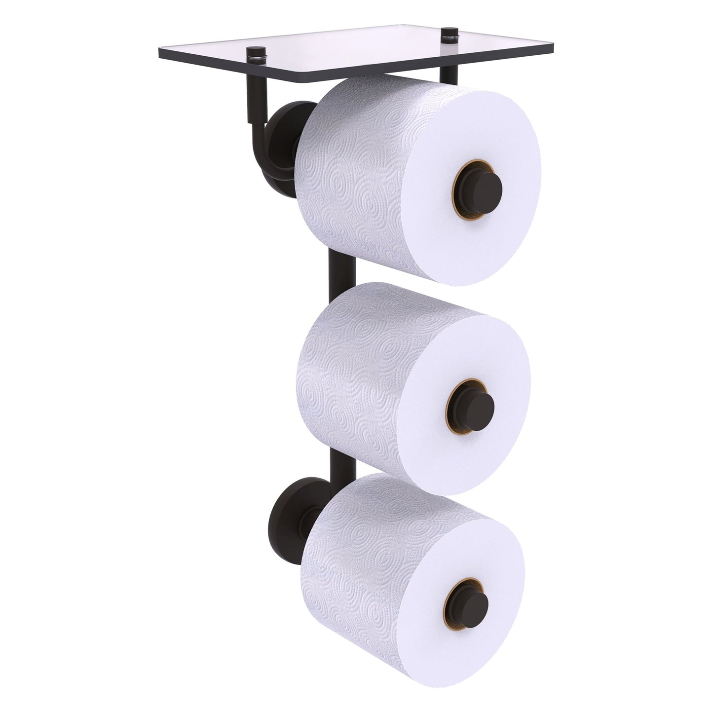 Allied Brass Prestige Skyline 8.8" x 7.8" Oil Rubbed Bronze Solid Brass 3-Roll Toilet Paper Holder With Glass Shelf