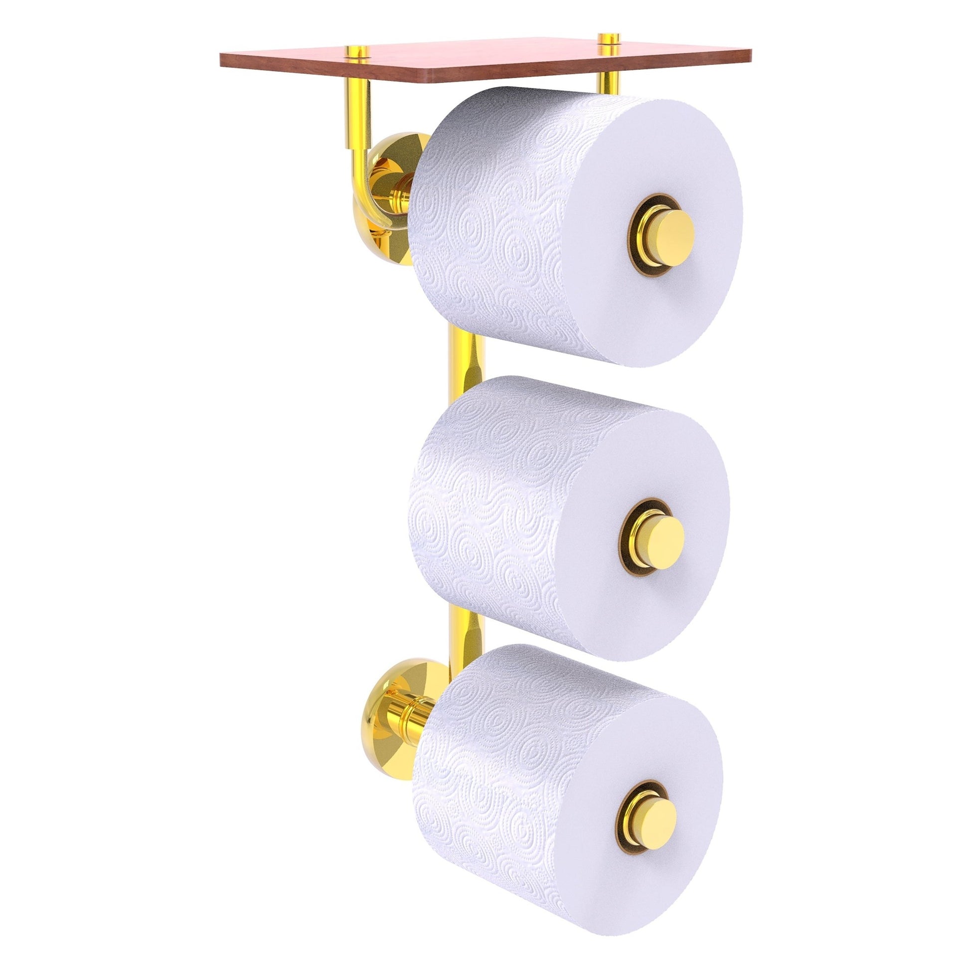 Allied Brass Prestige Skyline 8.8" x 7.8" Polished Brass Solid Brass 3-Roll Toilet Paper Holder With Wood Shelf