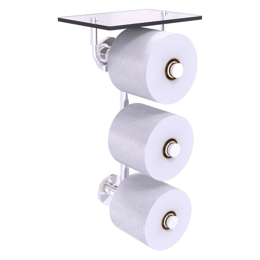 Allied Brass Prestige Skyline 8.8" x 7.8" Polished Chrome Solid Brass 3-Roll Toilet Paper Holder With Glass Shelf