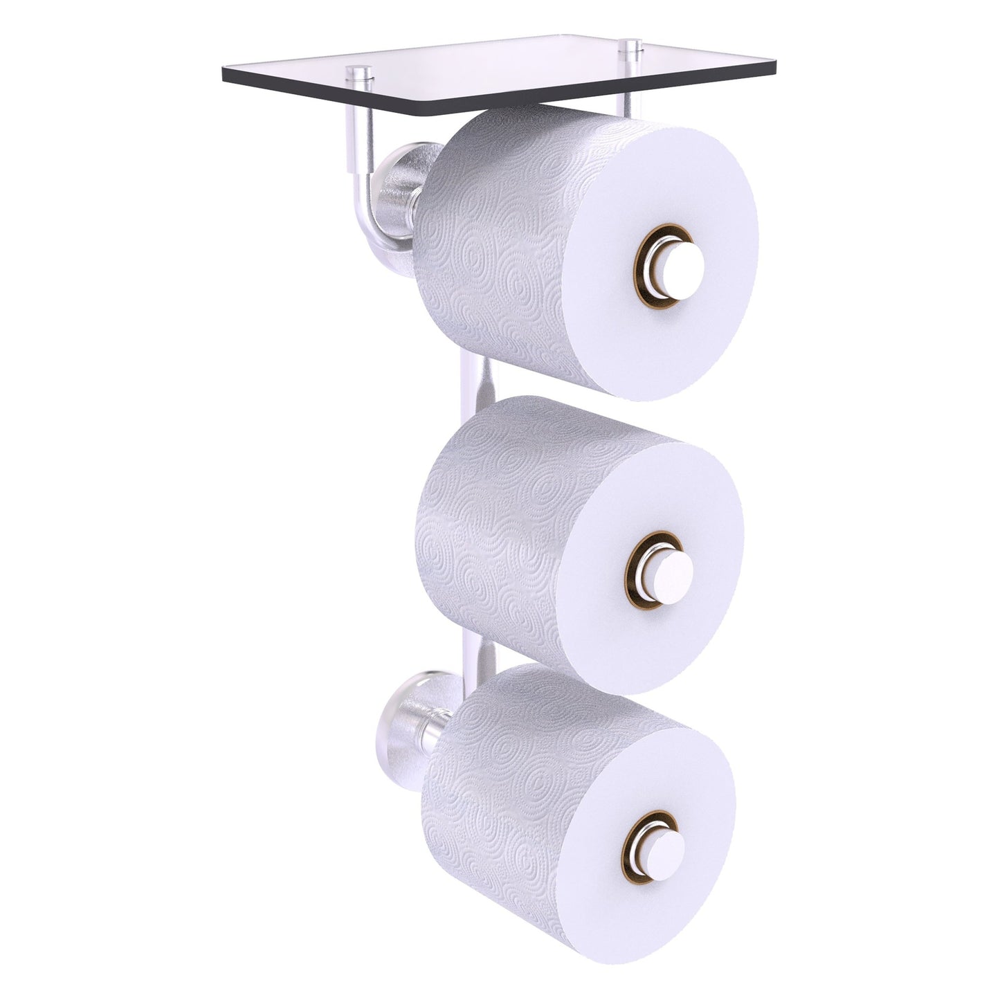 Allied Brass Prestige Skyline 8.8" x 7.8" Satin Chrome Solid Brass 3-Roll Toilet Paper Holder With Glass Shelf