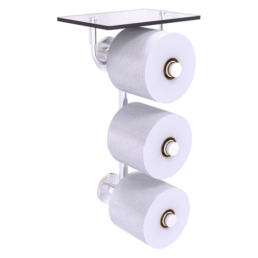 Allied Brass Prestige Skyline 8.8" x 7.8" Satin Chrome Solid Brass 3-Roll Toilet Paper Holder With Glass Shelf