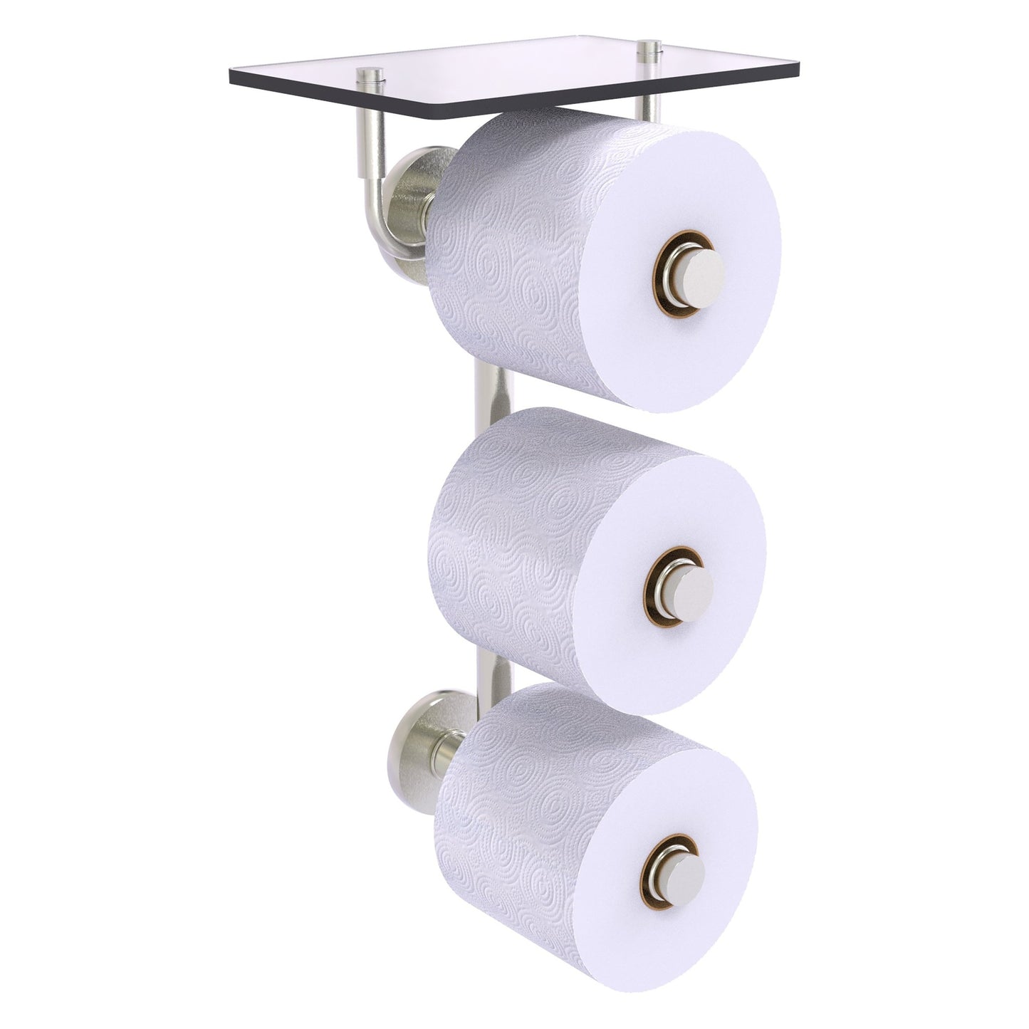 Allied Brass Prestige Skyline 8.8" x 7.8" Satin Nickel Solid Brass 3-Roll Toilet Paper Holder With Glass Shelf