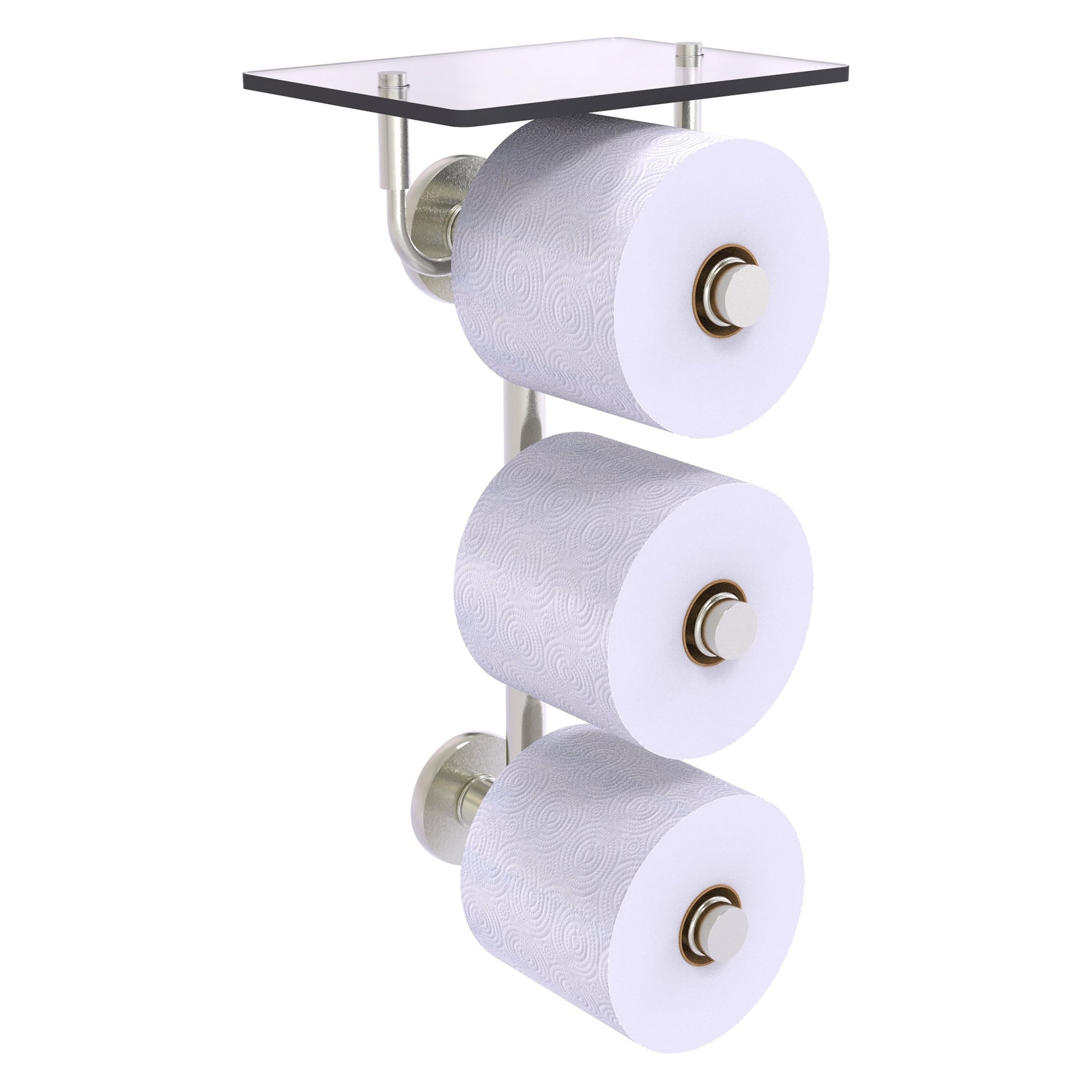 Allied Brass Prestige Skyline 8.8" x 7.8" Satin Nickel Solid Brass 3-Roll Toilet Paper Holder With Glass Shelf