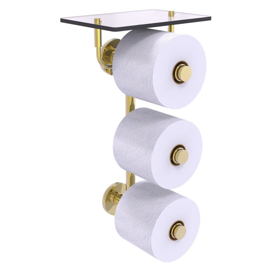 Allied Brass Prestige Skyline 8.8" x 7.8" Unlacquered Brass Solid Brass 3-Roll Toilet Paper Holder With Glass Shelf