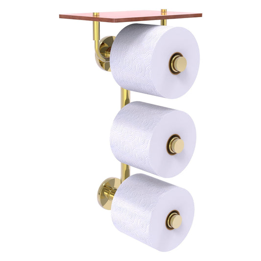 Allied Brass Prestige Skyline 8.8" x 7.8" Unlacquered Brass Solid Brass 3-Roll Toilet Paper Holder With Wood Shelf