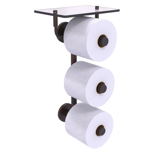 Allied Brass Prestige Skyline 8.8" x 7.8" Venetian Bronze Solid Brass 3-Roll Toilet Paper Holder With Glass Shelf