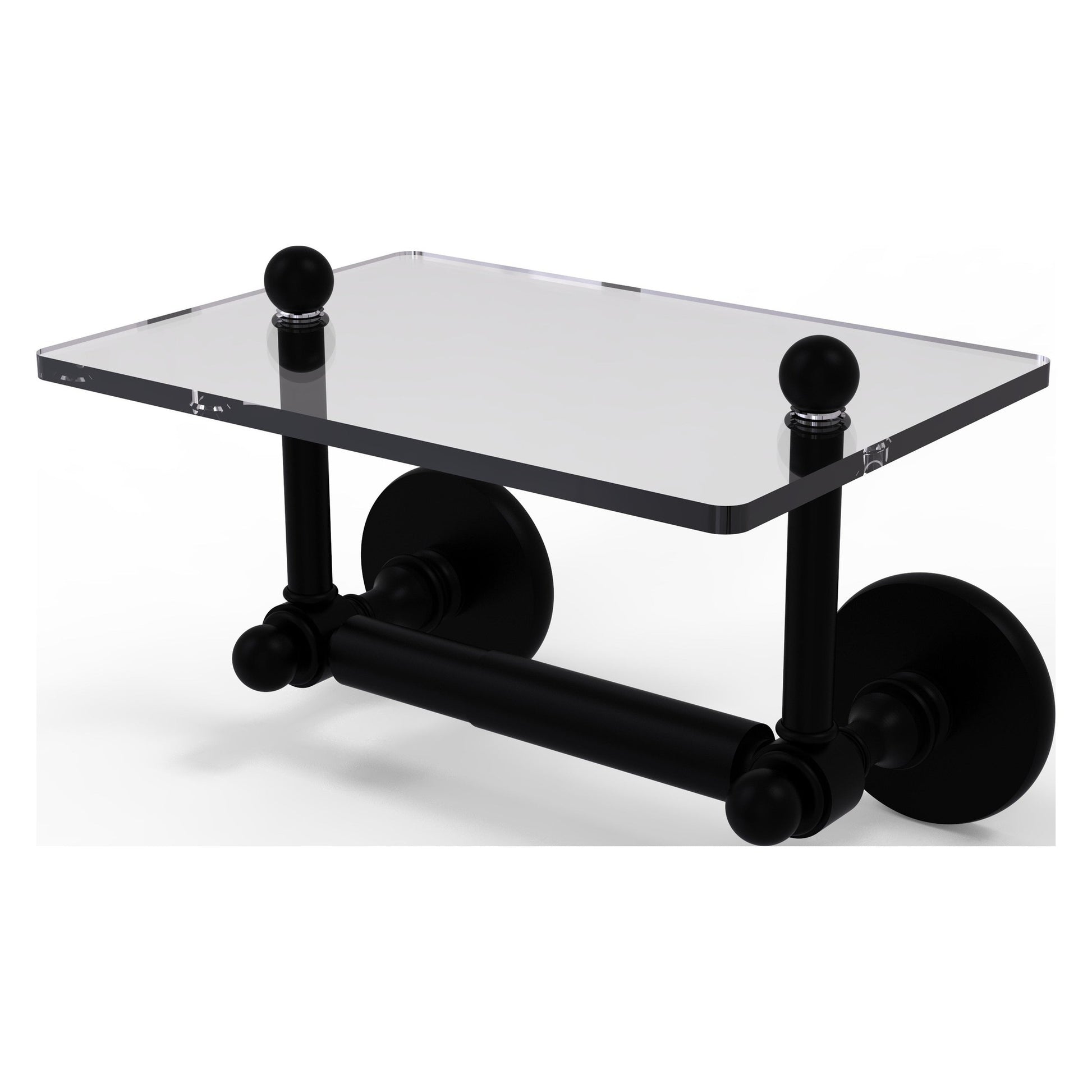 Allied Brass Prestige Skyline 9.3" x 6" Matte Black Solid Brass Two-Post Toilet Tissue Holder With Glass Shelf