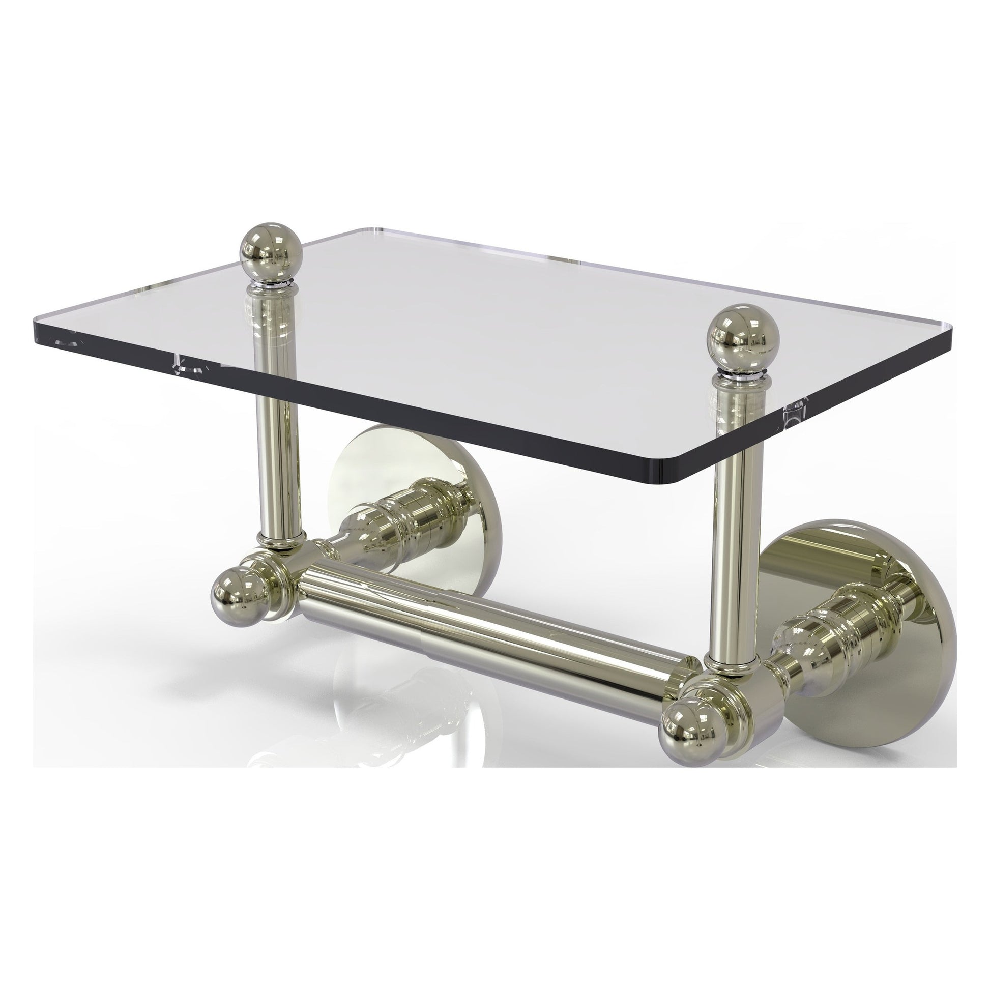 Allied Brass Prestige Skyline 9.3" x 6" Polished Nickel Solid Brass Two-Post Toilet Tissue Holder With Glass Shelf