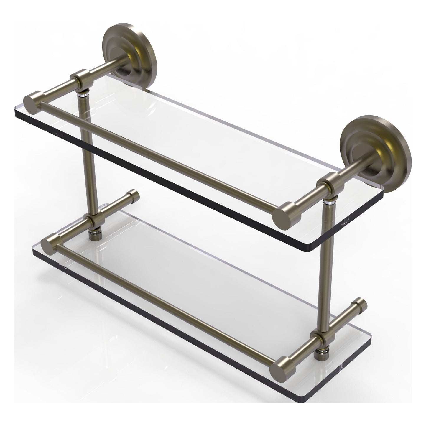 Allied Brass Que New 16" x 5" Antique Brass Solid Brass 16-Inch Double Glass Shelf With Gallery Rail