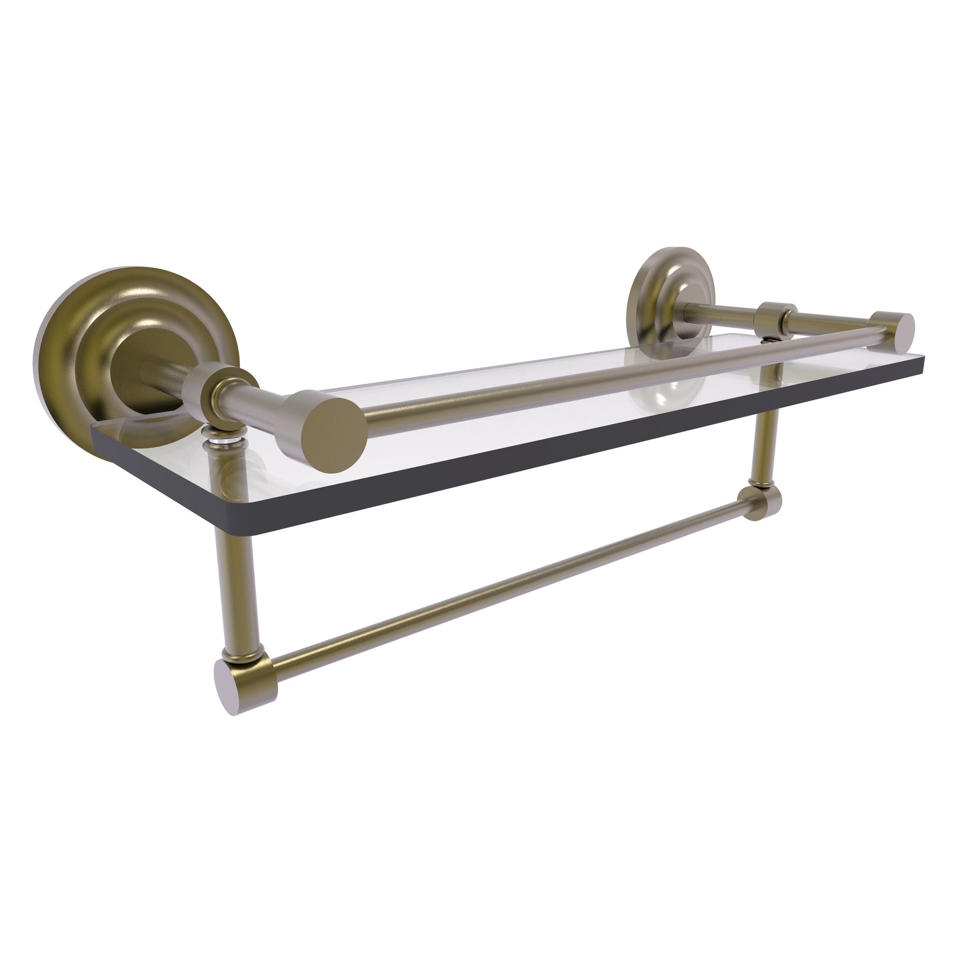 Allied Brass Que New 16" x 5" Antique Brass Solid Brass 16-Inch Gallery Glass Shelf With Towel Bar