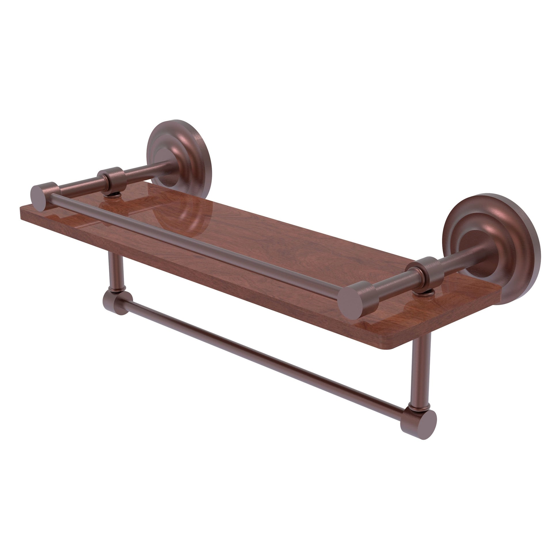 Allied Brass Que New 16" x 5" Antique Copper Solid Brass 16-Inch IPE Ironwood Shelf With Gallery Rail and Towel Bar
