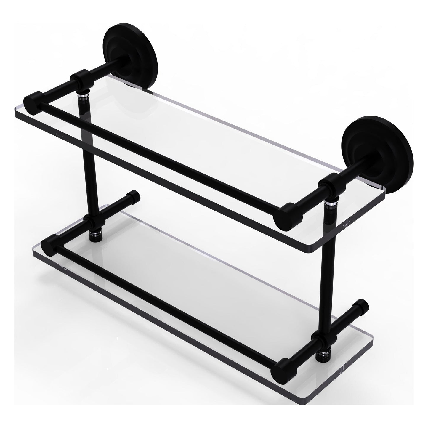 Allied Brass Que New 16" x 5" Matte Black Solid Brass 16-Inch Double Glass Shelf With Gallery Rail