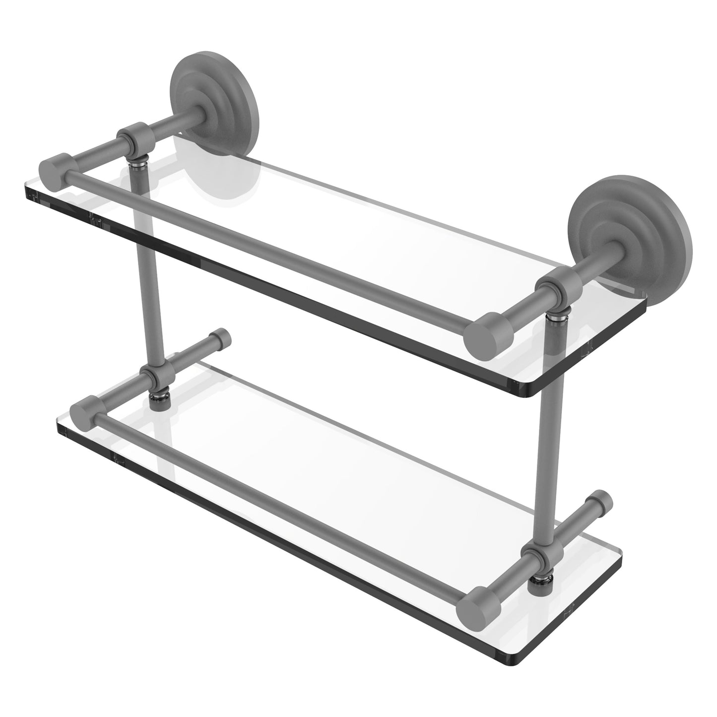 Allied Brass Que New 16" x 5" Matte Gray Solid Brass 16-Inch Double Glass Shelf With Gallery Rail