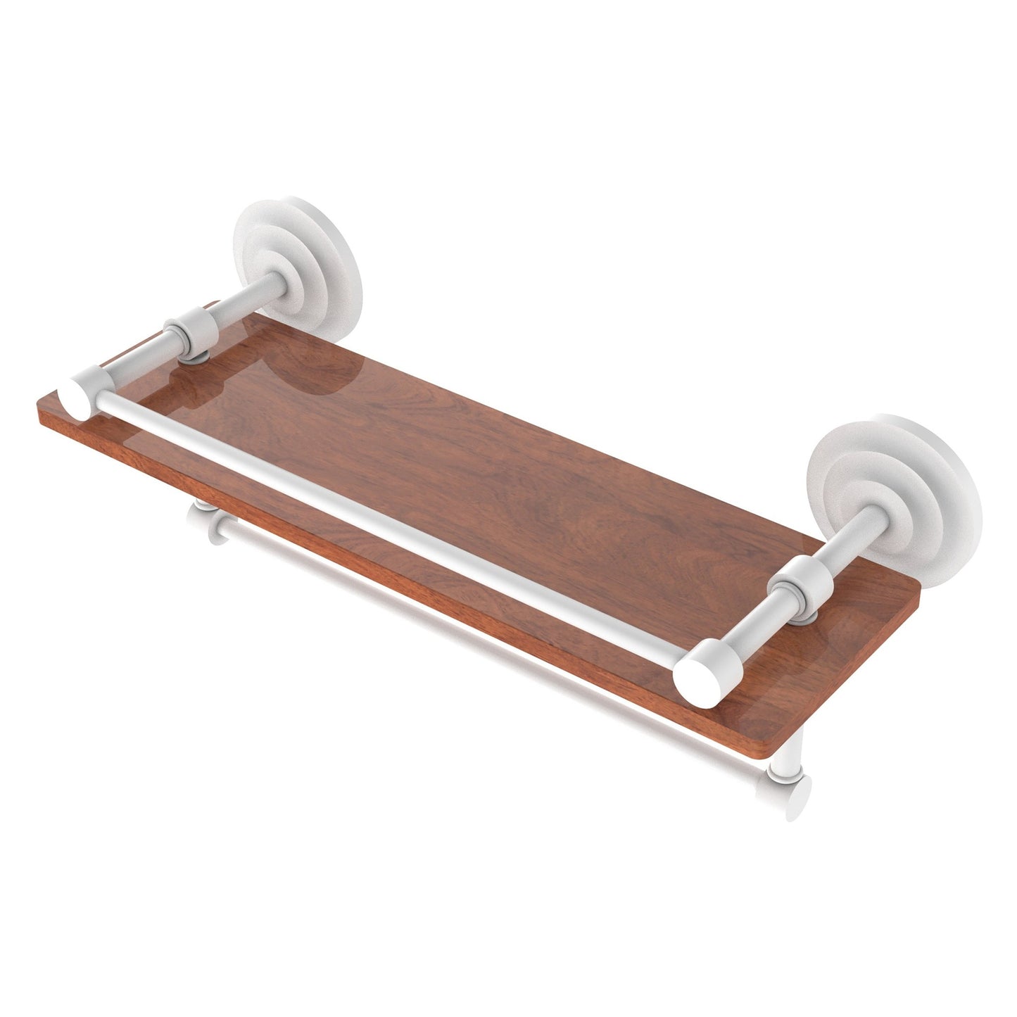 Allied Brass Que New 16" x 5" Matte White Solid Brass 16-Inch IPE Ironwood Shelf With Gallery Rail and Towel Bar