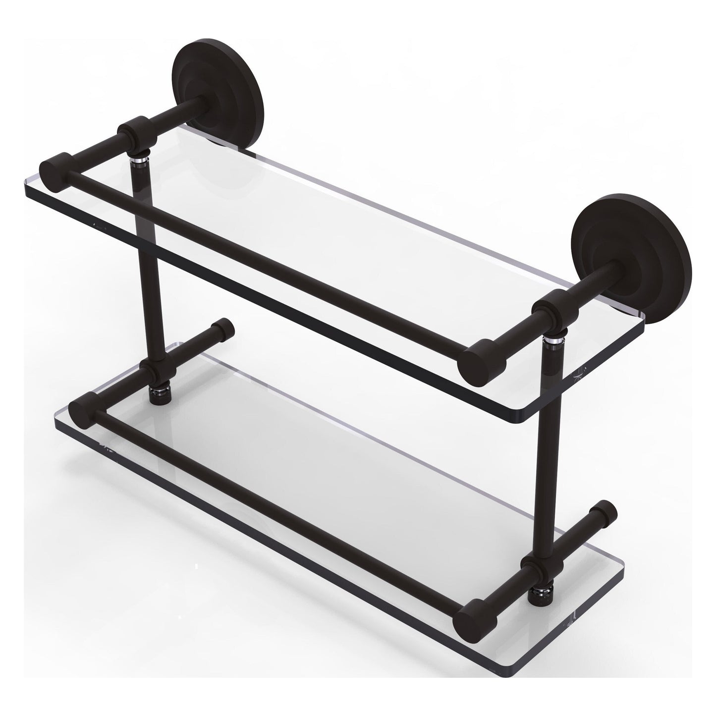 Allied Brass Que New 16" x 5" Oil Rubbed Bronze Solid Brass 16-Inch Double Glass Shelf With Gallery Rail